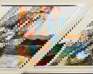 Meredith Miller (American 20th Century) oil on board, Lg. colorful modernist figural abstract, 30 x