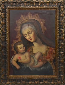 20th century Cusco School- Madonna and Child on canvas, site size 27 x 19 inches overall framed size