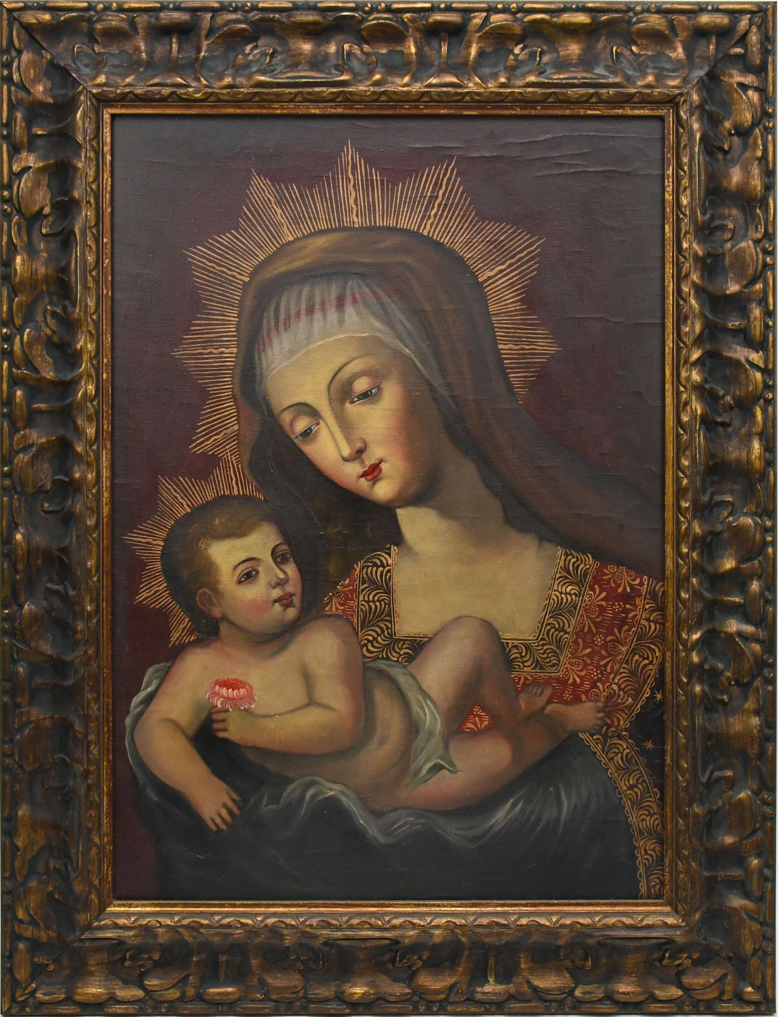 20th century Cusco School- Madonna and Child on canvas, site size 27 x 19 inches overall framed size: 20th century Cusco School- Madonna and Child on canvas, site size 27 x 19 inches overall framed size 36 x 28 inches