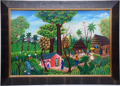Haitian village scene oil on canvas 23 x 35 inches. signed lower right Daniel Louis, overall frame