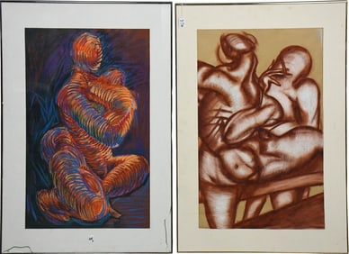 Two mixed media works on paper- Wild Figural Abstracts- both are 32 by 21 inches both signed