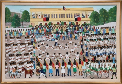 Jean Baptiste Jean (Haitian,1953-2002) Haitian art oil painting on board, depicting a school yard