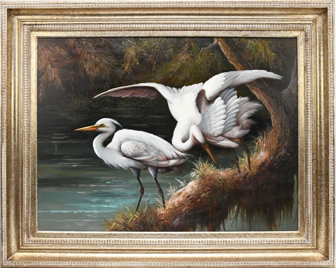 M.P. ELLIOTT American, 20th Century Oil on canvas "Pair of Great Egret's" Signed lower right "M.P. (1 of 6)