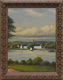 19th Century Landscape painting, Lake with Great house in Distance, Oil on Canvas, Craquelure