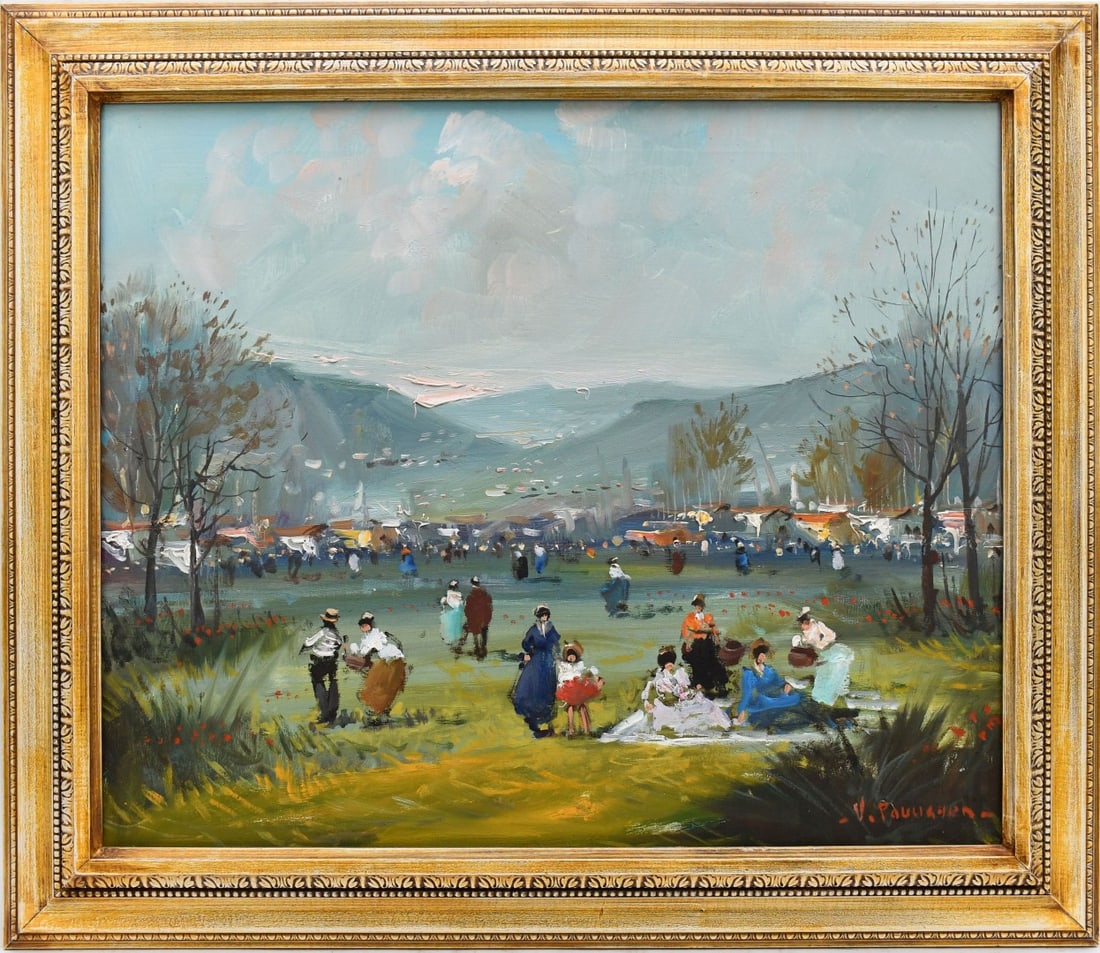V. Poulighen 20th century Italian, landscape Painting of park with figures, oil on canvas signed (1 of 6)