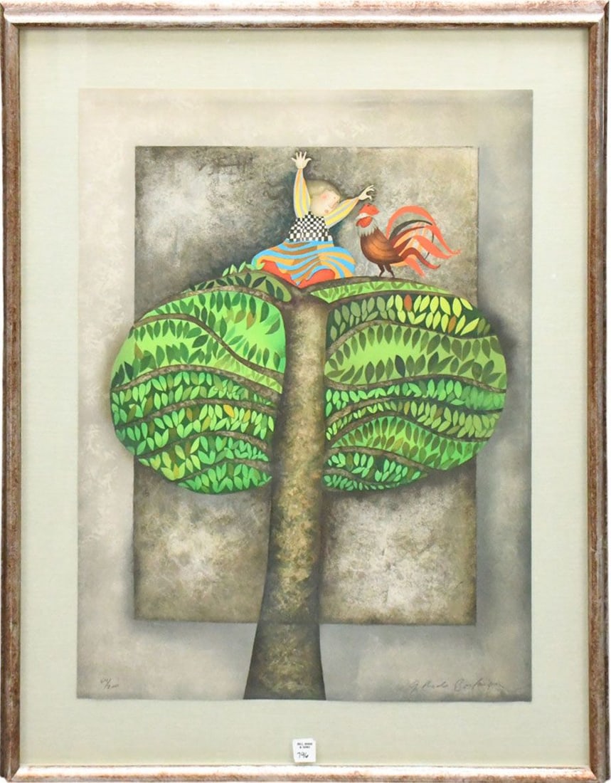 Graciela Rodo Boulanger (Bolivian, b. 1935) "A Rooster for Tatiana" lithograph of a girl and rooster: Graciela Rodo Boulanger (Bolivian, b. 1935) "A Rooster for Tatiana" lithograph of a girl and rooster atop a tree, signed lower right, edition 64/200. Sheet size: 30" x 22" Frame Size: 38" x 30"