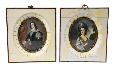 Pair of antique miniature oval paintings, Male and Female, both signed lower right, overall frame