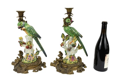 Pair Fine Reproduction porcelain parrot candlesticks, Gilt Metal Mounts, 14 1/2"h x