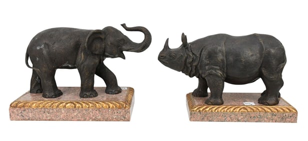 2 Theodore Alexander Decorative Bronze Pcs, Bronze Rhino (10"H x 12"w x 7"d), Bronze Elephant (12"h
