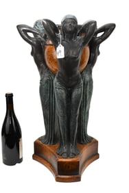 Theodore Alexander Art Deco Bronze Centerpiece with 3 Female Figural Supports, 23"H x 11"dia