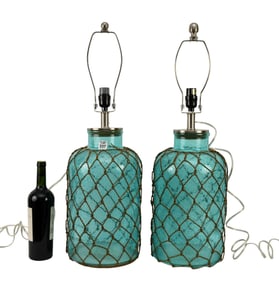 Pair Nautical Style Aqua Blue Glass Table Lamps, 29"h x 10"w (Removeable Cork Lighting Fixture)