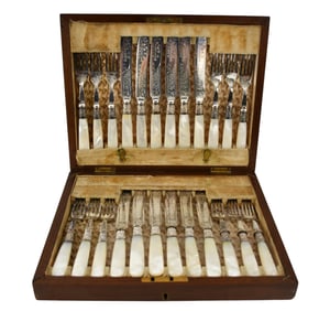 24 pc. Antique English Engraved S.P Fruit or Dessert Set with Mother of Pearl Handles 12 knives, 12