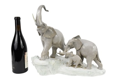 Lladro Porcelain Elephant Family, 15"H x 17"W x 8"D