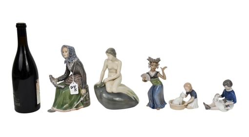 5 Pcs. Copenhagen Denmark Porcelain Figures, Lady with Fish (9 1/2"h x 7"w x 5"d), Mermaid Signed