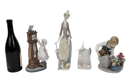 4 Lladro Porcelain Pcs, Lady with Dog (14"h x 4"w), Girl with Clock (10 1/2"h x 5"w), Girl Watering