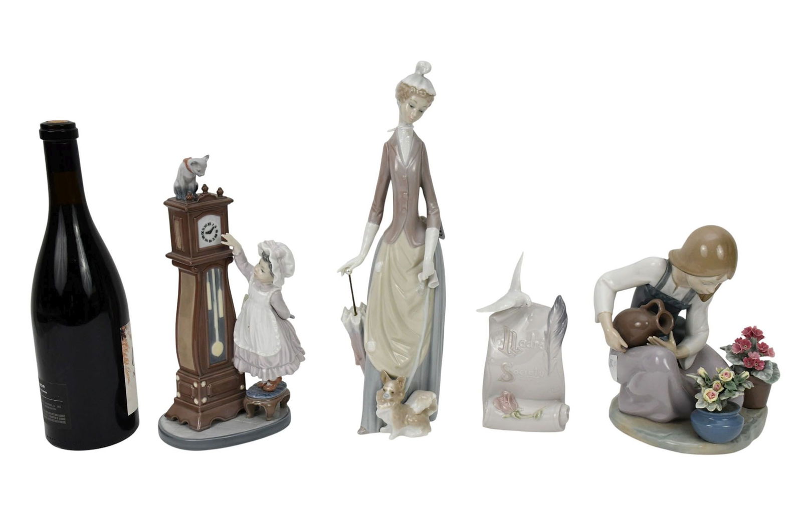 4 Lladro Porcelain Pcs, Lady with Dog (14"h x 4"w), Girl with Clock (10 1/2"h x 5"w), Girl Watering (1 of 7)