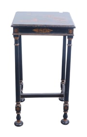 Occasional Chinese Style Side Table, Black Chinoiserie Motif, Stretcher Base on Bun Feet, 30"h x 15