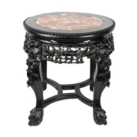 Asian Stand, Circa 1900, Heavily Carved Apron with Marble Insert, 18"h x 16"dia