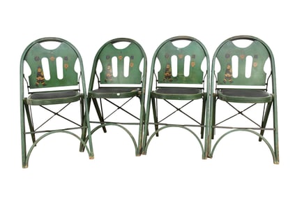 4 Folding 1930's Painted Green Chairs, Asian Motif, 32"h x 18"w x