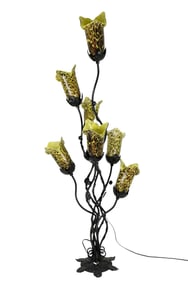 Standing Modern Floor Lamp with 6 Art Glass Brown & Yellow Shades in Metal Vining Motif Stand, 51"h