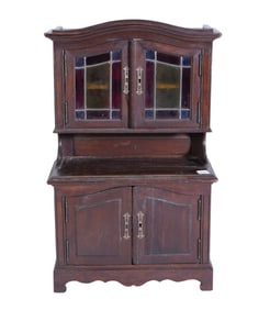 Miniature Step Back Cupboard with Stained Glass Doors at Top, 25 1/2"h x 14"w x 8"d