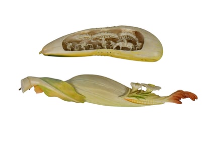 Two intricate fruit, carvings vegetable carvings polychrome one signed corn piece is 8 1/2 inches
