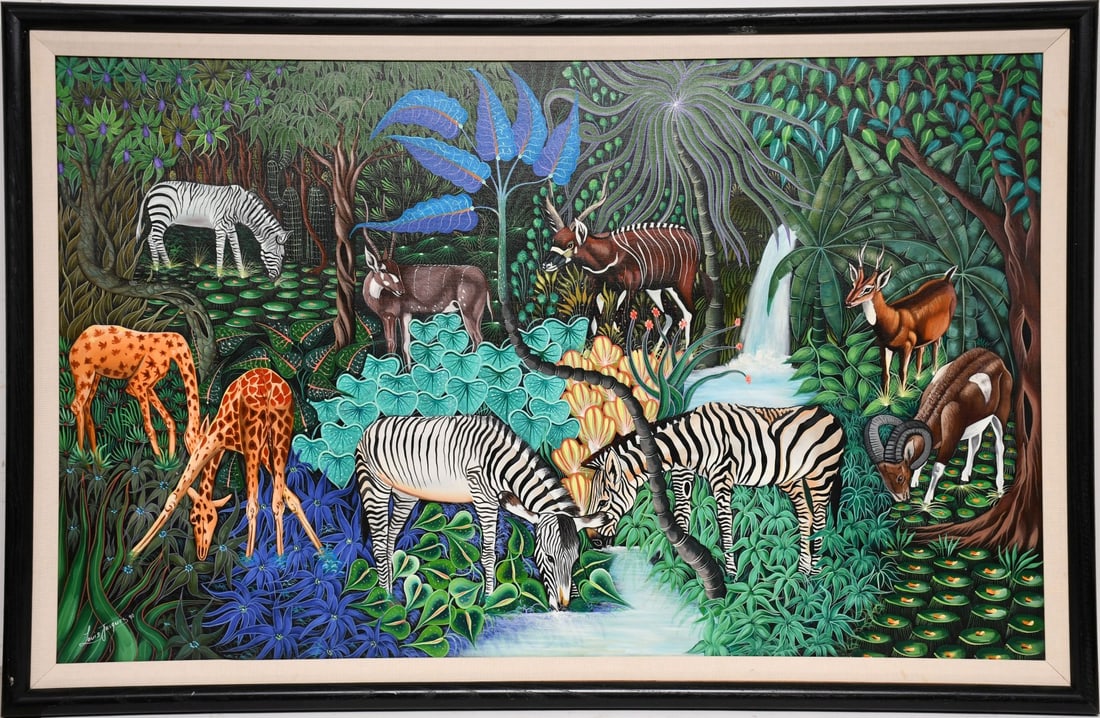 Haitian Painting, Signed Louis Jacques lower right, oil on canvas, Large Jungle Scene signed and (1 of 7)