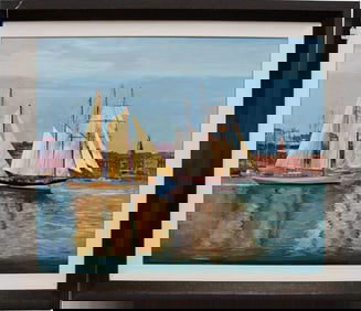 20th Century oil on canvas, Sailboats in harbor, canvas size 55-1/2 x 43 inches