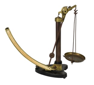 A Vintage English Brass & Cast Iron Balance Scale - Mid-20th century. An industrial quadrant paper