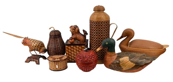 Lot of 8 Shanghai Handicrafts woven basket pieces, animals, containers, thermos, Tallest 16" x 7"