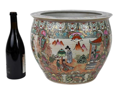 Chinese Hand Painted Fish Bowl. Depicting courtyard scene with Koi fish on the interior. 12" x