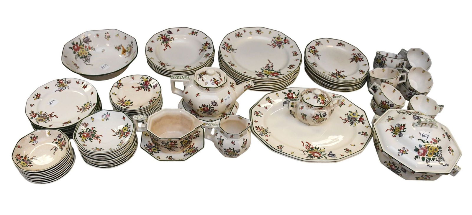 Royal Doulton China Set, Old Leeds Spray Pattern, incl; 8 Dinner Plates, 10 Dessert Plates, 11: Royal Doulton China Set, Old Leeds Spray Pattern, incl; 8 Dinner Plates, 10 Dessert Plates, 11 Cups, 12 Saucers, 6 Soup Bowls, 8 Salad Plates, 12 B & B Plates, 9 Sauce Dishes and 9 Serving Pcs.