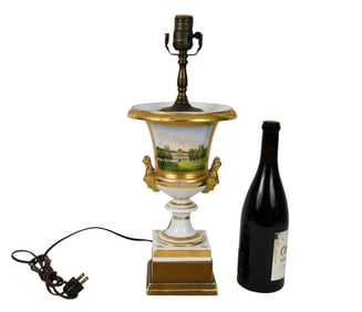 Porcelain Campagne Form Lamp "Montbrilliant" In Landscape, 12 1/2" to top urn x 9"d