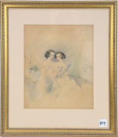 Original drawing of two young Ladies, unsigned, sight 11 x 9 inches. Overall framed size 18 x 15