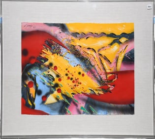 Watercolor/Gouache Abstract Painting on heavy paper, signed and dated ’87 upper right. Sheet size