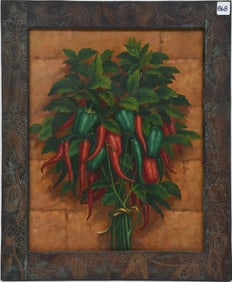Maitland Smith, Copper chili pepper motif art Nouveau Style Frame with an oil on canvas painting of