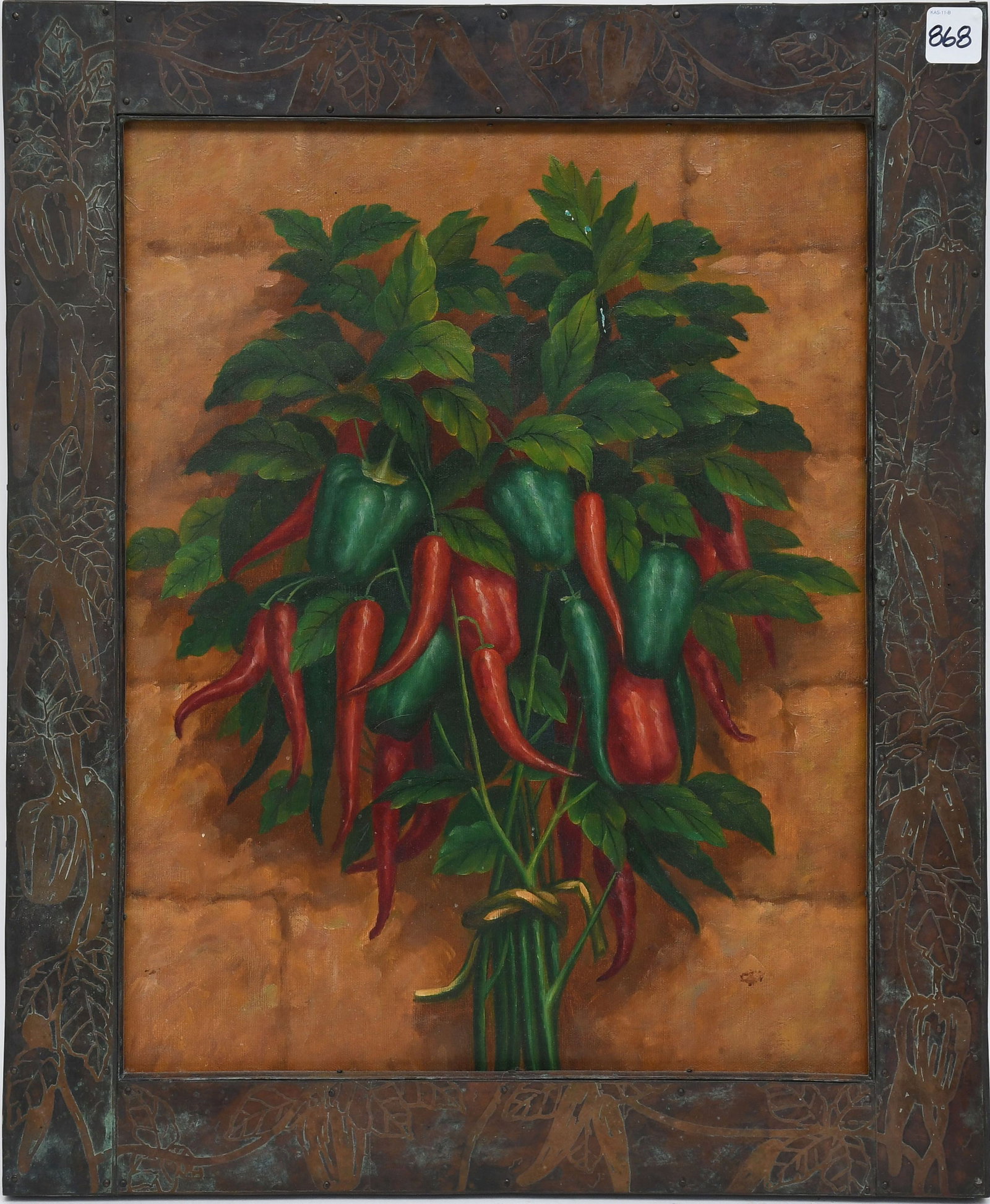 Maitland Smith, Copper chili pepper motif art Nouveau Style Frame with an oil on canvas painting of: Maitland Smith, Copper chili pepper motif art Nouveau Style Frame with an oil on canvas painting of Red Hot Chili Peppers. Overall size 22 x 18 inches
