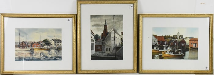 3 New England Scene Watercolors in matching frames. Appears to be all different artist. 9-1/4 x