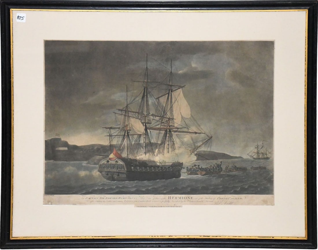 ROBERT DODD (English. 1748-1815) Colored Engraving dated 1800 "Hermione being Towed. by Robert Dodd (1 of 6)