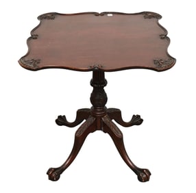 Mahogany Tea Table, Carved Corners, Pedestal Legs on Ball & Claw Feet, Grand Rapids Label on Bottom,