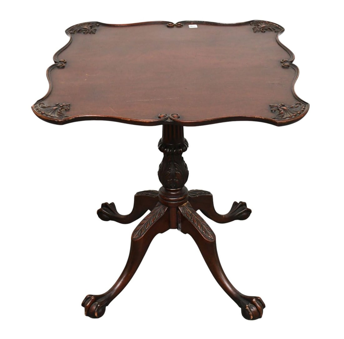 Mahogany Tea Table, Carved Corners, Pedestal Legs on Ball & Claw Feet, Grand Rapids Label on Bottom, (1 of 7)