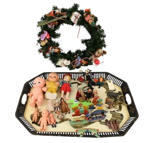 Vintage Toys & Dolls on Tole Tray AND Wreath with Toys & Dolls, Dolls Include Chalkware, Celluloid,