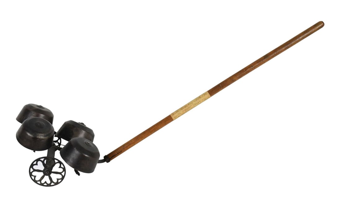 Rare American Cast Iron Bell Ringer Child's Push -Pull Toy with wood handle, Hill Toy Co. 19th: Rare American Cast Iron Bell Ringer Child's Push -Pull Toy with wood handle, Hill Toy Co. 19th Century, iron reticulated wheels with 6 heart shaped designs supporting 4 ring bells and having original