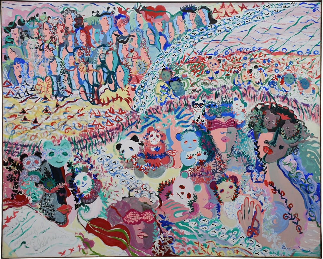Eva Bouzard-Hui "Carnival" Abstract Oil on Canvas, rolling hills w/ lots of faces and pandas. 68 x (1 of 12)