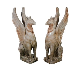 Cement outdoor Garden Griffin Statues 42in. tall x 12in. wide.
