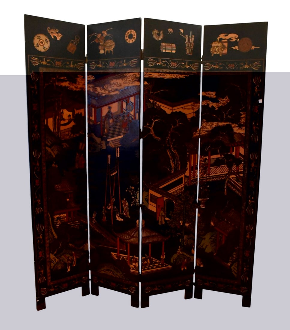 Large Chinese Lacquered 4 Panel Screen, overall size 94 in. tall x 80 wide (1 of 6)