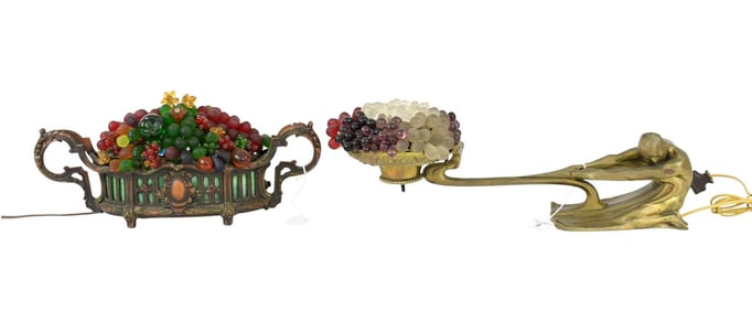Art Nouveau Brass/Bronze Kneeling Figural Lamp AND Basket Form with Beads/grapes cluster electrified