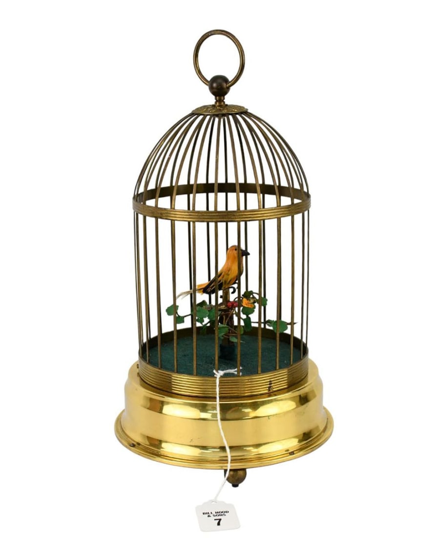 Mechanical Bird in Brass Bird Cage, 12"h x 8"w (overwound) (1 of 5)
