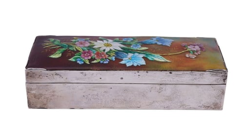 Camille Faure Limoges Enamel Floral Panel on Sterling Box - A French enamel panel of flowers,