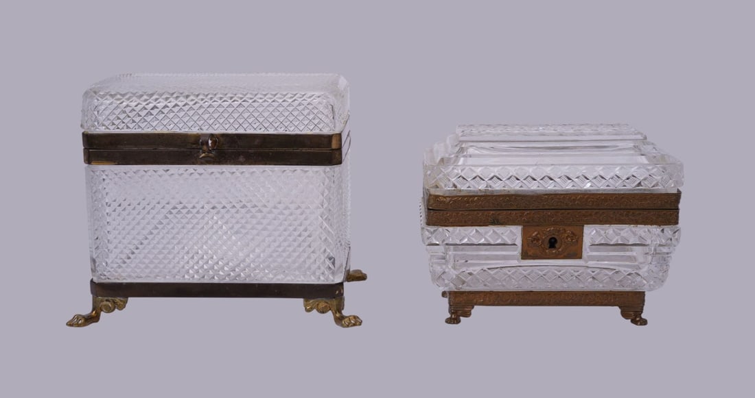 Two Antique French Jewelry Caskets - C. 19th century, French. Cut and faceted glass, brass mounts. (1 of 9)